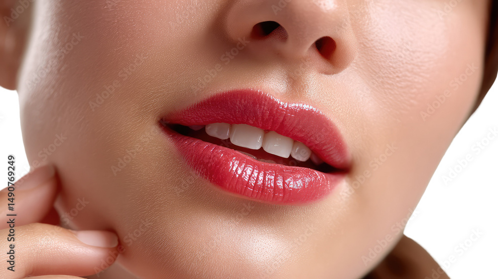 Fototapeta premium Sensual Lips: A close-up view showcases the allure of beautifully defined lips, enhanced by a vibrant red lipstick. The image captures the essence of beauty, confidence, and cosmetic enhancement.