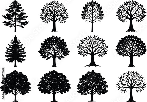 tree silhouettes,silhouette tree line drawing set, Side view, set of graphics trees elements outline symbol for architecture and landscape design drawing.