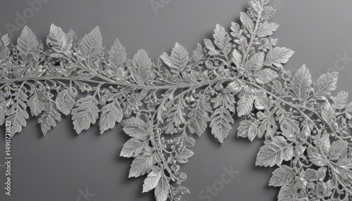 Intricate silver leaf lace trim, luxurious metallic sheen,  vintage,  foil