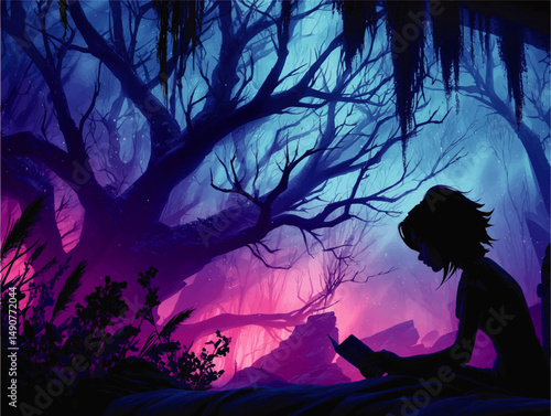 Enchanting Vector Illustration of Girl Reading Magical Book in Mystical Fantasy Forest with Silhouette Trees and Glowing Twilight Background in Pink Purple and Blue Colors