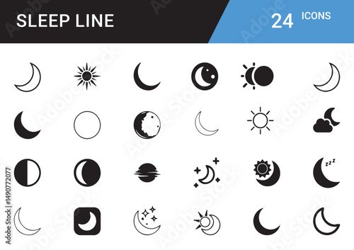 Sleep Mood Icons editor vector set  Bedtime, Moon, Stars, Pillow, Zzz, Dream, Relaxation, Sleep Mask, Night, Cozy, Rest, Nap, Calm, Sleepy Face