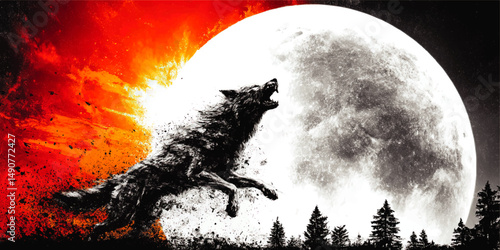 Mystical Vector Art of Majestic Wolf Leaping in Front of Massive Full Moon with Fiery Explosion Background for Esoteric Wildlife Fantasy Illustration Lovers and Artists