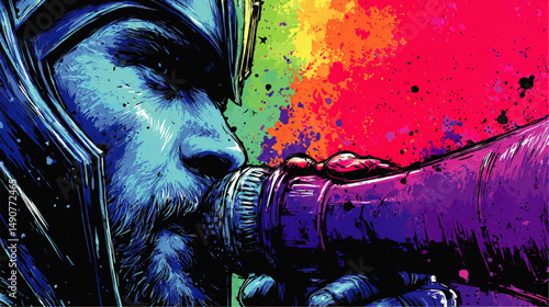 Dynamic Blue Warrior Holding Megaphone Vector Illustration Vibrant Graffiti Style Art with Colorful Abstract Splatter Background for Powerful Creative Visual Designs