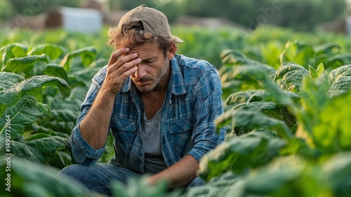 Stressed farmer in the field of crops...