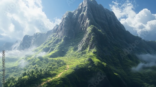 Lush Green Mountain Peak Under Blue Sky Ethereal Tropical Landscape Adventure Serenity Cinematic Breathtaking Nature Background Scenic Vista