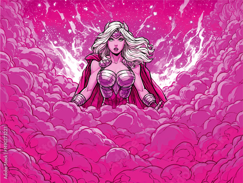 Powerful Fantasy Warrior Woman in Silver Armor and Red Cape Standing in Vibrant Pink Clouds Magical Cosmic Night Sky Background Vector Illustration Art Concept