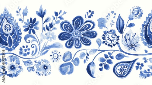 Floral border design in cobalt blue