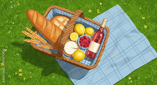 Picnic basket filled with bread, fruits, and wine on a blanket, summer theme