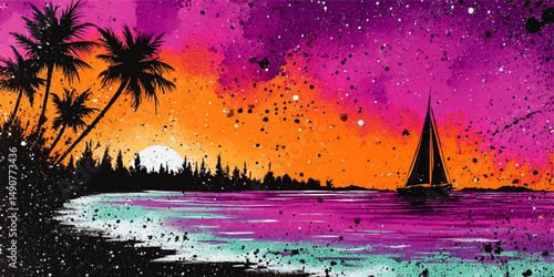 Stunning Tropical Sunset Seascape with Palm Trees Sailboat and Vibrant Colorful Sky Vector Illustration Perfect for Summer Vacation Travel and Beach Art Illustration