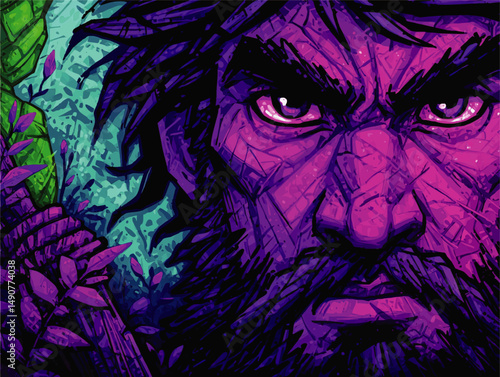 Vivid Vector Illustration of Fierce Warrior Man with Intense Eyes and Beard in Neon Purple and Blue Colors Detailed Graphic Style for Digital Art Gaming and Fantasy