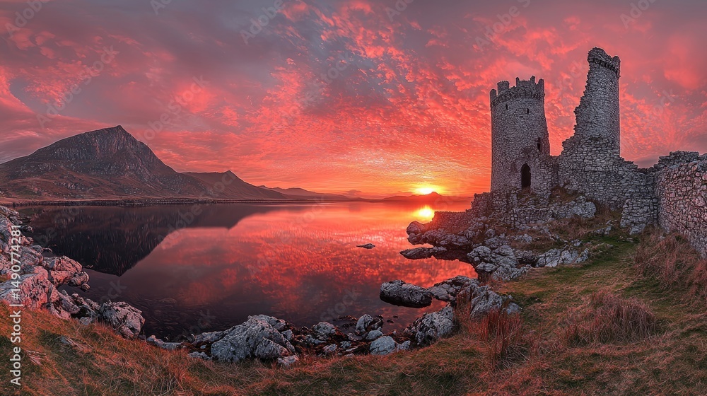 Fototapeta premium Dramatic sunset over ruins by a tranquil lake.