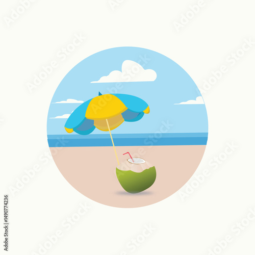 Relaxing Beach  Green Umbrella  with a green coconut