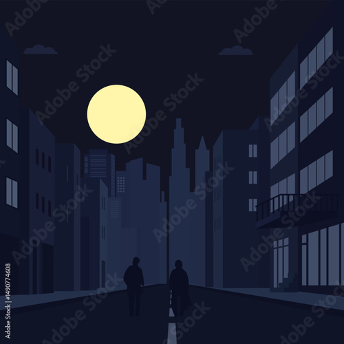 Blackout of a city at night with silhouette of people walking down a dark street due to an electricity supply problem or energy crisis. Power outage or grid failure from damage in an urban town