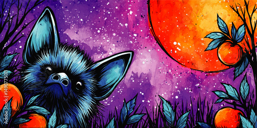 Mystical Blue Bat With Vibrant Orange Fruit Under Cosmic Starry Sky and Enchanting Purple Galaxy Night Illustration for Creative Artistic Background Designs