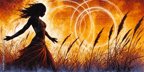 Mystical Vector Illustration of Beautiful Tribal Woman Dancing in Golden Sunset with Flowing Dress Surrounded by Abstract Circles and Wheat Field Background