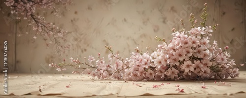 Delicate blossoms explode across textured parchment , floral design, orange, blue