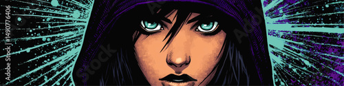 Captivating Vector Illustration of Mysterious Woman with Glowing Blue Eyes Wearing Purple Hood Surrounded by Neon Light Burst Artistic Comic Style Graphic Design Art