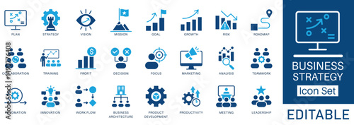 Business Strategy Icon Set. Features editable icons for planning, leadership, and growth. Ideal for business development, management, and strategic analysis.