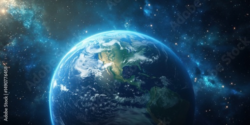 Fototapeta Naklejka Na Ścianę i Meble -  Vivid glowing Earth image from space, set against colorful nebulas and sparkling stars. Perfect for themes related to science, environment, technology, global connectivity, or space exploration.