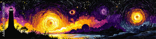Majestic Vector Illustration Featuring Starry Night Sky with Lighthouse Silhouette, Galaxy Spiral Patterns, Twilight Horizon, Celestial Fantasy, Cosmic Landscape Art