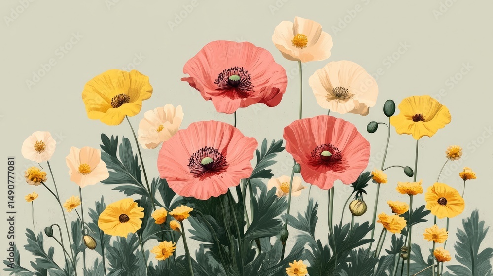 Fototapeta premium Colorful Floral Arrangement with Various Poppy and Buttercup Flowers