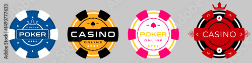 Flat design poker and casino chip icons set with bold colors and clean layout. Great for online casino apps, card games, user interfaces, and betting game visuals