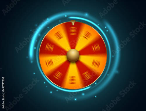 Dynamic spinning wheel of fortune with radial glow and speed blur. Perfect for game interfaces, online casino prizes, or digital reward systems