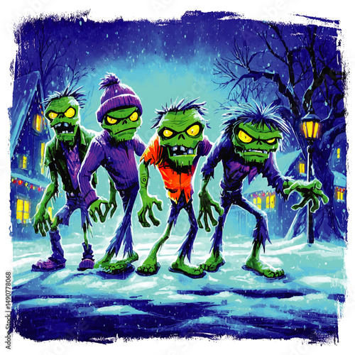 Spooky Cartoon Zombie Illustration of Four Scary Monsters with Glowing Yellow Eyes In Creepy Winter Scene Near Snowy Haunted House for Halloween Horror Party Design