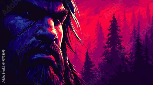 Powerful Vector Illustration of Fierce Viking Warrior with Beard and Scar in Dark Mysterious Pine Forest Background Fantasy Art for Gaming Tattoo TShirt Designs