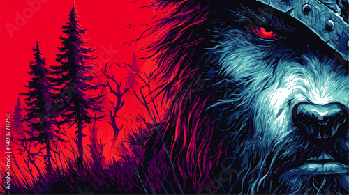 Intense Vector Illustration of Fierce Blue Wolf with Red Eyes in Dark Armor Enshrouded by Mysterious Eerie Forest and Fiery Red Atmospheric Background Fantasy Art