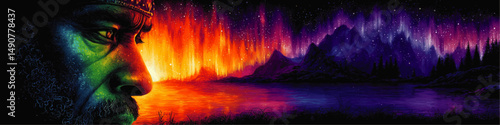 Mesmerizing Vector Illustration Featuring Aurora Borealis Landscape Reflected on Water with Colorful Night Sky and Profile of Indigenous Tribal Man Artistic Portrait