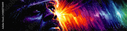 Vibrant Vector Art Portrait with Dramatic Celestial Background Featuring a Deep Thoughtful Expression with Multicolored Abstract Aurora and Cosmic Galaxy Elements