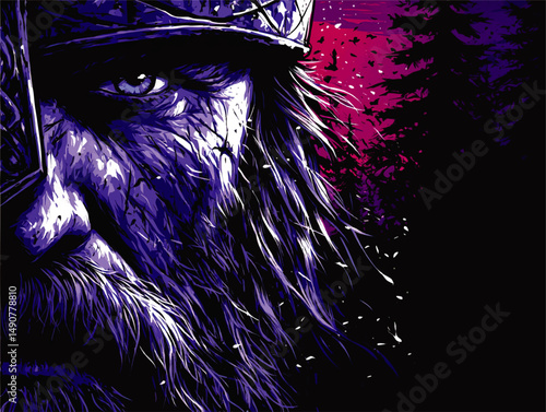 Epic Vector Portrait of Viking Warrior Face with Helmet and Beard in Detailed Illustration Featuring Dark Atmospheric Forest Background and Purple Sky Fantasy Art