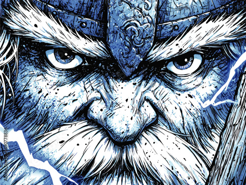 Intense Norse Viking Warrior Face Vector Illustration in Blue and White Powerful Barbarian Eyes and Beard with Lightning Storm Epic Detailed Mythological Art Design