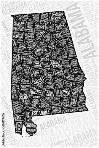 Alabama counties map word cloud. Alabama region names. Black and white map design. Beautiful vector illustration.
