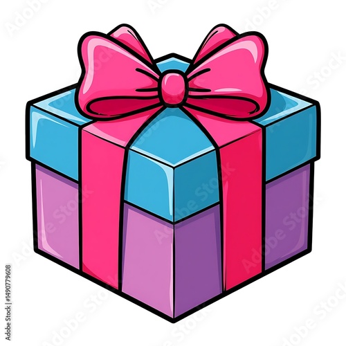 multi-colored cardboard gift box with pink packing tape tied with a bow on top, hand-drawn outline isolated on a white background for the holiday under the Christmas tree