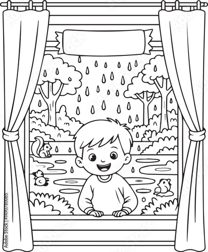 Rainy day beautiful scenery coloring page for kids, line art vector illustration for children's activity book design
