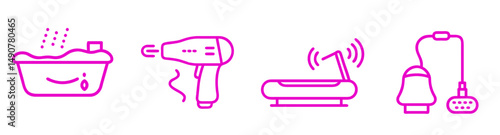 Innovative vibration machine, thermal body treatment device, hydrotherapy bath and lymphatic drainage vacuum machine icon set for spa and beauty clinic