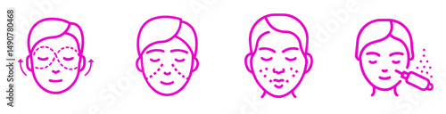 Elegant outline of non surgical face lift technique, non-surgical face and body lifting, rejuvenating hydrafacial skin treatment and rejuvenating collagen boosting facial icon set for skincare service