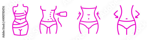 Slimming waist outline, cryolipolysis tool enhancing body contouring, detox body wrap and icon set for weight loss concepts