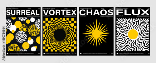 Vector posters feature bold, high-contrast geometric and abstract forms in striking yellow, black, and white. The artwork reflects the current neo-modernist trend in graphic design.