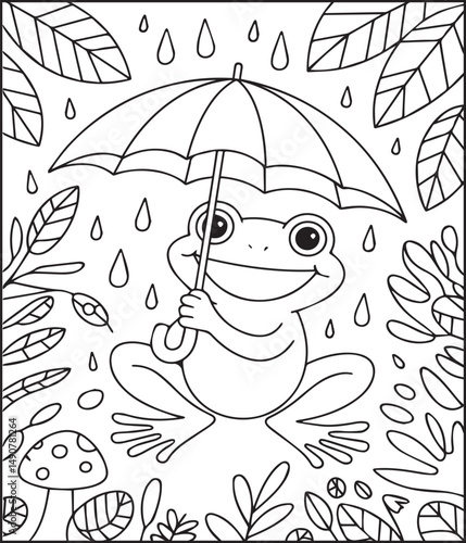 Rainy day beautiful scenery cute frog with umbrella coloring page for kids, line art vector illustration for children's activity book design