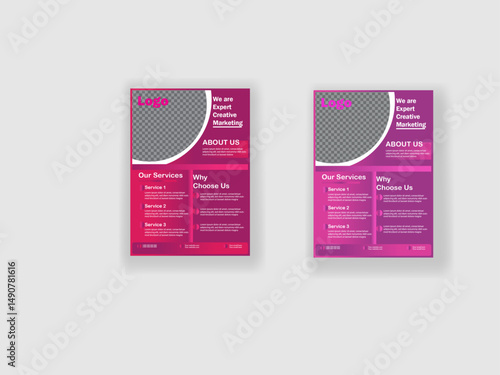 A bundle of 2 creative and modern corporate business flyer templates. Designed with a striking gradient of deep pink and purple, these flyers are perfect for promoting services.
