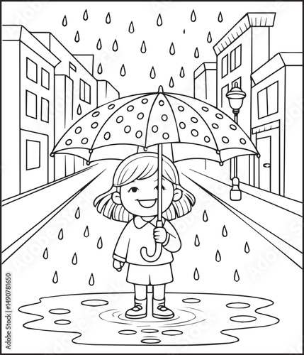 Rainy day beautiful scenery cute girl with umbrella coloring page for kids, line art vector illustration for children's activity book design