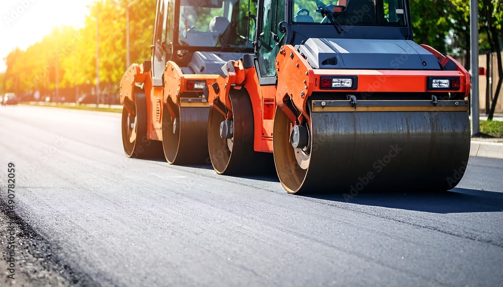Road Construction: Asphalt Roller Compacting New Pavement Road Construction: Asphalt Roller Compacting New Pavement