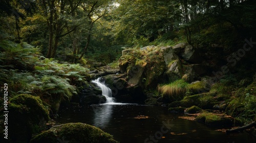 Small forest waterfall cascading over mossy rocks surrounded by lush greenery in a peaceful woodland scene, captured in natural light with soft flowing water details.