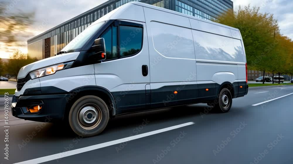 Delivery van traveling on an urban road showcasing modern architecture and autumn trees during the late afternoon Delivery van traveling on an urban road showcasing modern architecture and autumn trees during the late afternoon
