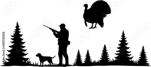 Vector silhouette of hunter with dog hunting turkey in forest. Symbol of animal and nature.

