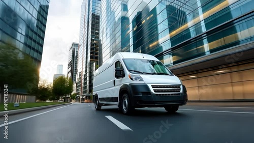 A delivery van skillfully weaves its way through the bustling urban streets as the sun sets, painting the city in vibrant hues