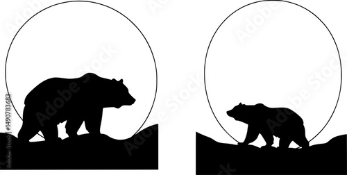 Vector silhouette of a bear on a hill on the background of the moon. Symbol of night and wild animal.
